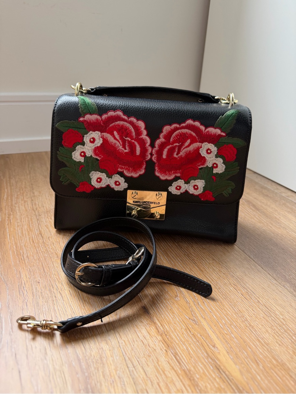 Karl Lagerfeld Black Leather Satchel with Red Floral Embroidery - Picture 7 of 7